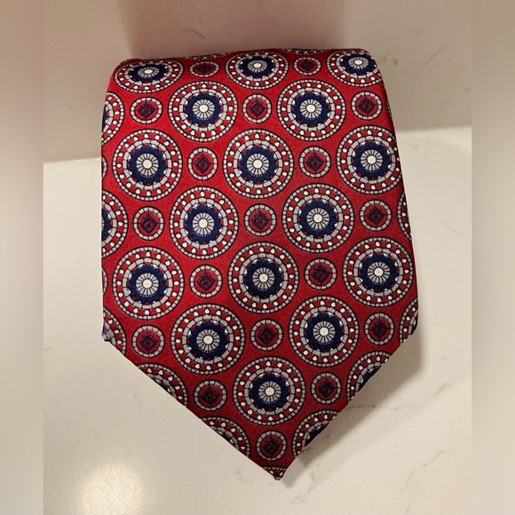 Christian Dior Mens Silk Tie Red Gray Navy Circles Geometric Vintage USA Made - Picture 4 of 6